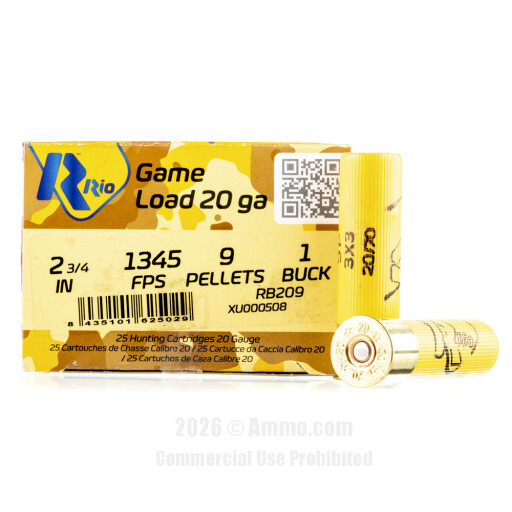 Rio Ammunition 20 Gauge Ammo - 25 Rounds of  #1 Buck Ammunition