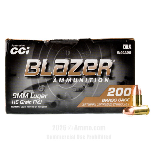 Blazer Brass 9mm Ammo - 200 Rounds of 115 Grain FMJ Ammunition
