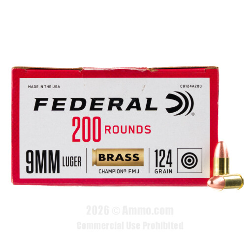 Federal Champion 9mm Ammo - 200 Rounds of 124 Grain FMJ Ammunition