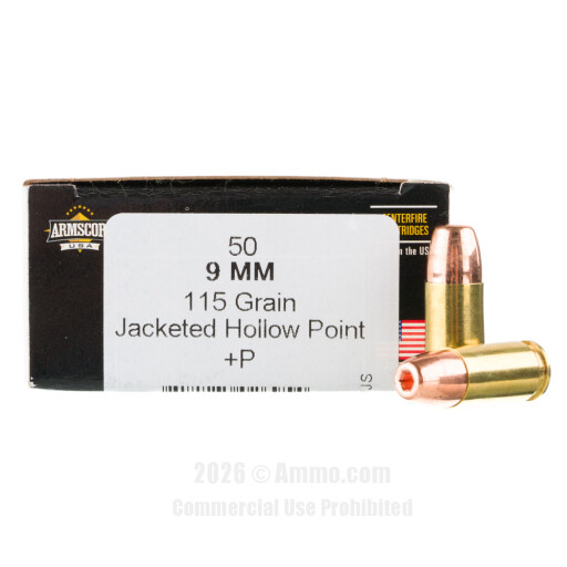 Armscor USA 9mm +P Ammo - 50 Rounds of 115 Grain JHP Ammunition