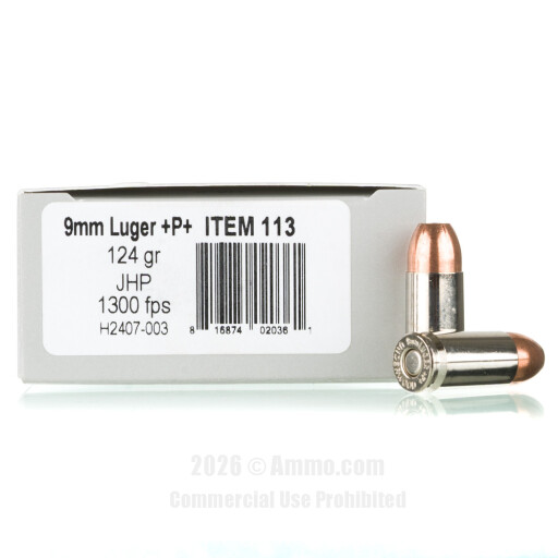 Underwood 9mm +P+ Ammo - 20 Rounds of 124 Grain JHP Ammunition