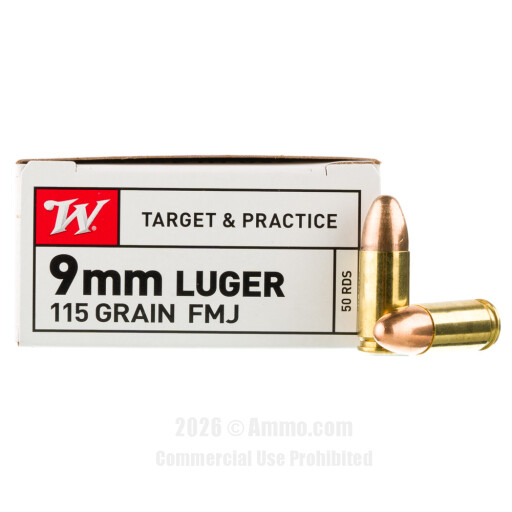 Winchester 9mm Ammo - 50 Rounds of 115 Grain FMJ Ammunition