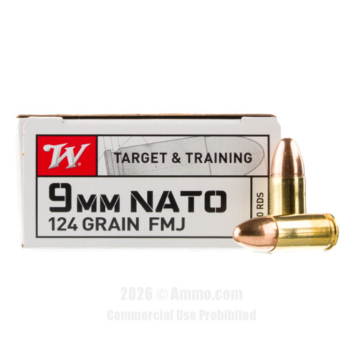 Winchester 9mm Ammo - 50 Rounds of 124 Grain FMJ Ammunition