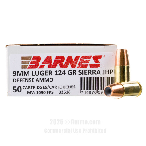 Barnes Defense 9mm Ammo - 50 Rounds of 124 Grain Sierra JHP Ammunition