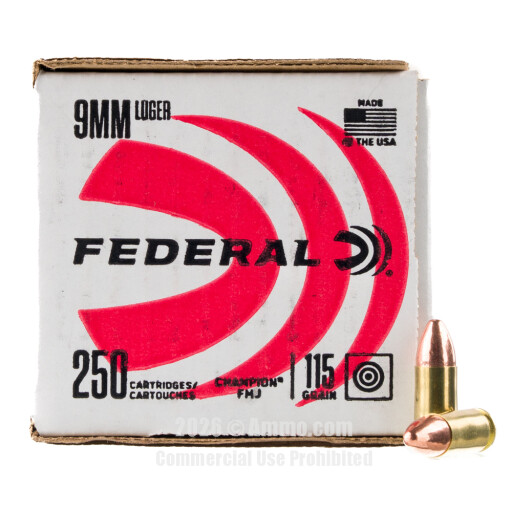 Federal Champion Training 9mm Ammo - 250 Rounds of 115 Grain FMJ...