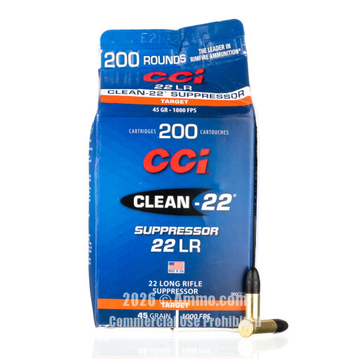 CCI Clean-22 Suppressor 22 LR Ammo - 200 Rounds of 45 Grain...