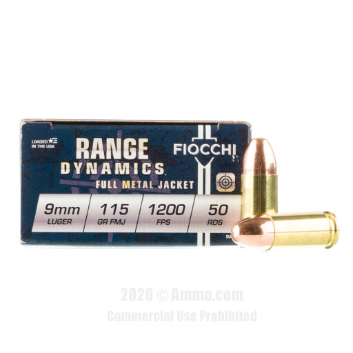 Fiocchi 9mm Ammo - 50 Rounds of 115 Grain FMJ Ammunition