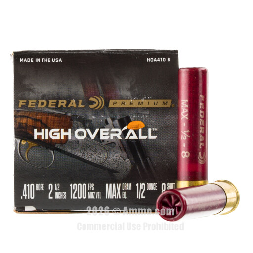 Federal High Over All 410 Bore Ammo - 25 Rounds of 1/2 oz. #8 Shot...