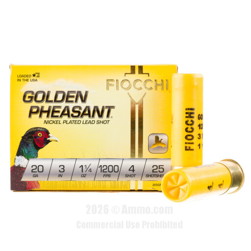 Fiocchi 20 Gauge  Ammo - 25 Rounds of 1-1/4 oz. #4 Shot (Lead)...