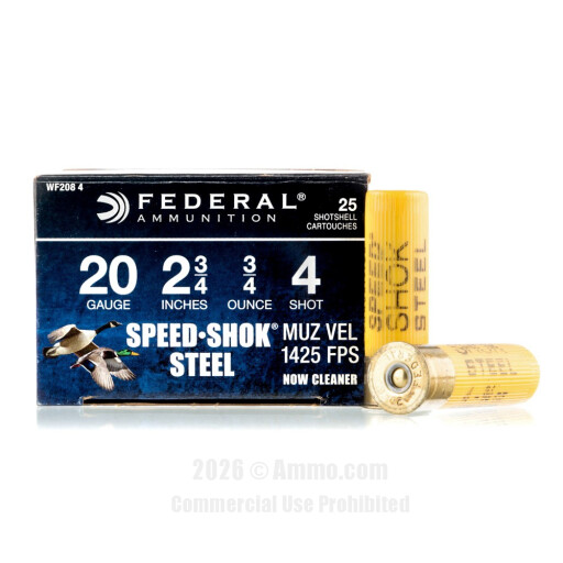 Federal Speed-Shok 20 Gauge Ammo - 25 Rounds of 2-3/4" 3/4 oz. #4...