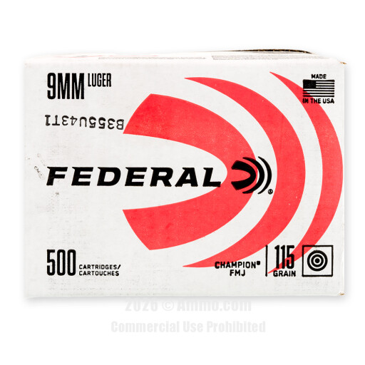 Federal Champion 9mm Ammo - 500 Rounds of 115 Grain FMJ Ammunition