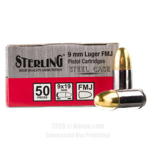 Sterling Steel 9mm Ammo - 50 Rounds of 115 Grain FMJ Ammunition...