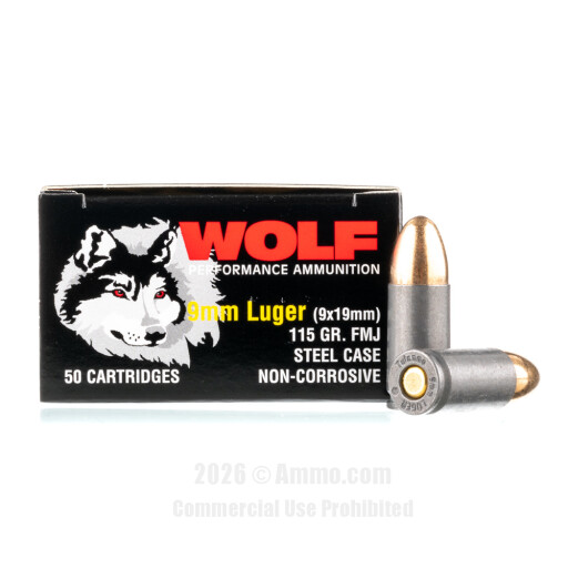 Wolf 9mm Ammo - 50 Rounds of 115 Grain FMJ Ammunition