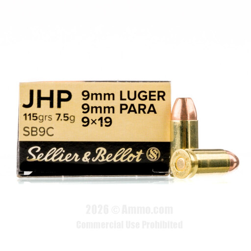 Sellier and Bellot 9mm Ammo - 1000 Rounds of 115 Grain JHP Ammunition