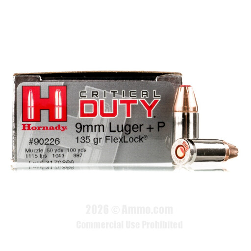Hornady Critical Duty 9mm +P Ammo - 250 Rounds of 135 Grain JHP...