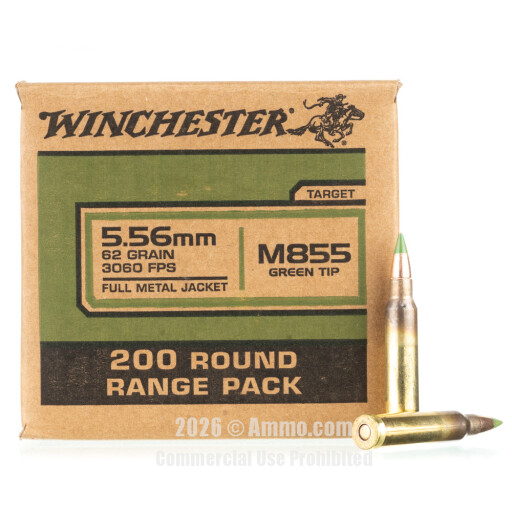 Winchester 5.56x45 Ammo - 800 Rounds of 62 Grain FMJ M855 Ammunition
