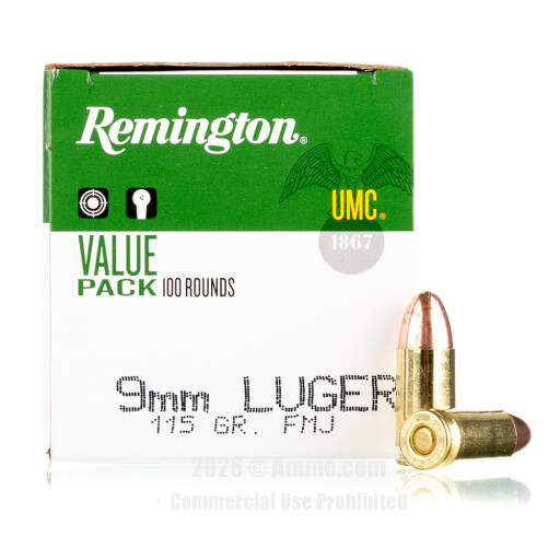 Remington 9mm Ammo - 100 Rounds of 115 Grain FMJ Ammunition