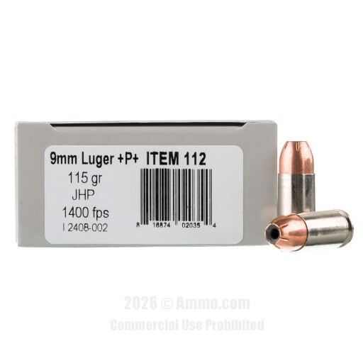Underwood 9mm +P+ Ammo - 20 Rounds of 115 Grain JHP Ammunition