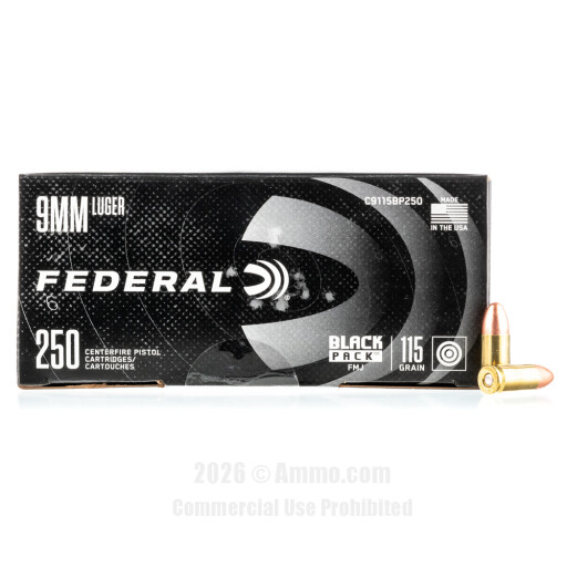 Federal Black Pack 9mm Ammo - 250 Rounds of 115 Grain FMJ Ammunition