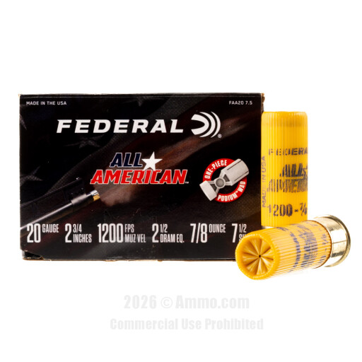 Federal All American 20 Gauge Ammo - 25 Rounds of 7/8 oz. #7-1/2...