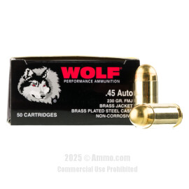 Image of Wolf 45 ACP Ammo - 50 Rounds of 230 Grain FMJ Ammunition (STEEL CASES)