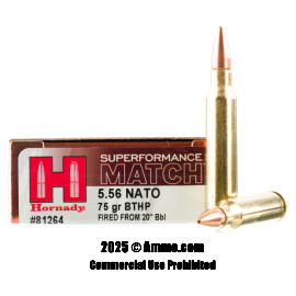 Image of Hornady Superformance Match 5.56x45 Ammo - 20 Rounds of 75 Grain HPBT Ammunition