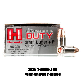 Image of Hornady Critical Duty 9mm +P Ammo - 25 Rounds of 135 Grain JHP Ammunition