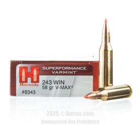 Image of Hornady Superformance Varmint 243 Win Ammo - 20 Rounds of 58 Grain V-MAX Ammunition