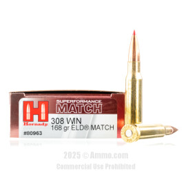 Image of Hornady Superformance Match 308 Win Ammo - 20 Rounds of 168 Grain ELD Match Ammunition