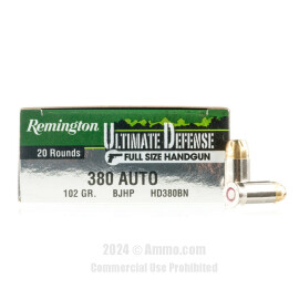 Image of Remington Ultimate Defense 380 ACP Ammo - 20 Rounds of 102 Grain JHP Ammunition