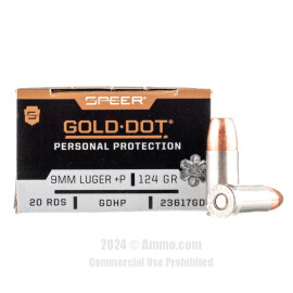 Image of Speer Gold Dot 9mm Ammo - 20 Rounds of 124 Grain +P JHP Ammunition