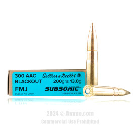 Image of Sellier & Bellot Subsonic 300 AAC Blackout Ammo - 20 Rounds of 200 Grain FMJ Ammunition