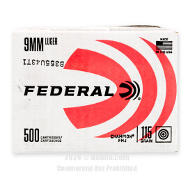 Image of Federal Champion 9mm Ammo - 500 Rounds of 115 Grain FMJ Ammunition