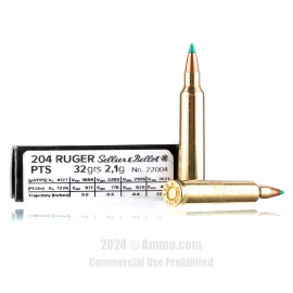 Image of Sellier and Bellot 204 Ruger Ammo - 20 Rounds of 32 Grain PTS Ammunition