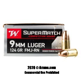 Image of Winchester Super Match Minor Power Factor 9mm Ammo - 500 Rounds of 124 Grain FMJ RN Ammunition