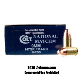 Image of Colt National Match 9mm Ammo - 50 Rounds of 147 Grain FMJ Ammunition