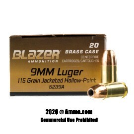 Blazer Brass 9mm Ammo - 20 Rounds of 115 Grain JHP Ammunition