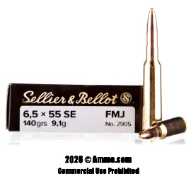 Image of Sellier and Bellot 6.5x55mm Ammo - 20 Rounds of 140 Grain FMJ Ammunition