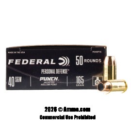 Federal Punch 40 S&W Ammo - 50 Rounds of 165 Grain JHP Ammunition