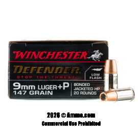 Image of Winchester Defender 9mm +P Ammo - 20 Rounds of 147 Grain Bonded JHP Ammunition