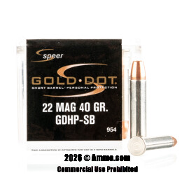 Speer Gold Dot Short Barrel Personal Protection 22 WMR Ammo - 500 Rounds of 40 Grain JHP Ammunition