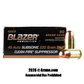Image of Blazer Brass Clean-Fire Suppressor 45 ACP Ammo - 50 Rounds of 230 Grain TMJ Ammunition