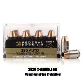 Federal Premium Low Recoil 380 ACP Ammo - 200 Rounds of 90 Grain Hyrda-Shok JHP Ammunition