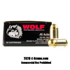Wolf 45 ACP Ammo - 50 Rounds of 230 Grain FMJ Ammunition (STEEL CASES)