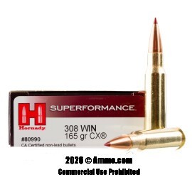 Image of Hornady Superformance 308 Win Ammo - 20 Rounds of 165 Grain CX Ammunition