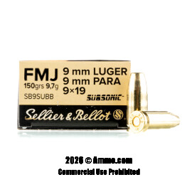 Image of Sellier & Bellot Subsonic 9mm Ammo - 50 Rounds of 150 Grain FMJ Ammunition