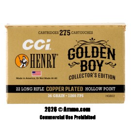 CCI Henry Golden Boy Edition 22 LR Ammo - 275 Rounds of 36 Grain CPHP Ammunition