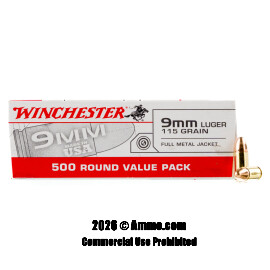 Image of Bulk 9mm Ammo - 500  Rounds of Bulk 115 Grain FMJ Ammunition from Winchester