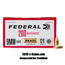 Image of Federal Champion 9mm Ammo - 200 Rounds of 124 Grain FMJ Ammunition