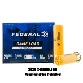Federal Game Load Hi-Brass 20 Gauge Ammo - 250 Rounds of 1-1/4 oz. #5 Shot Ammunition